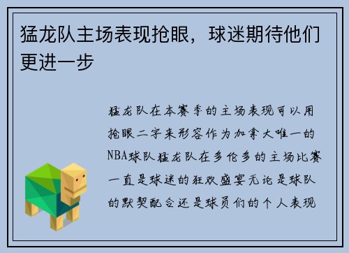 猛龙队主场表现抢眼，球迷期待他们更进一步